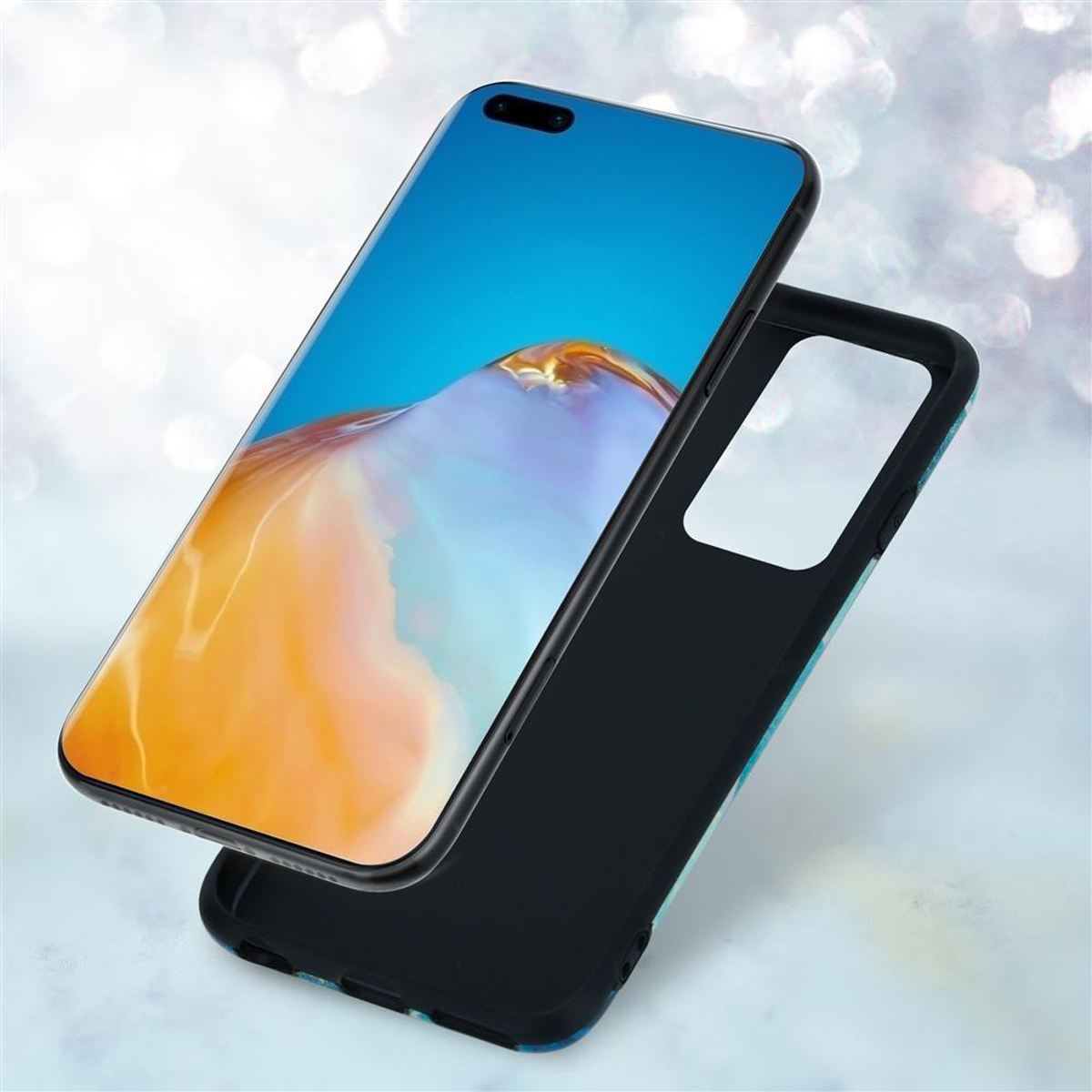 Telefono con schermo blu e custodia, ha una cornice nera e un retro blu.