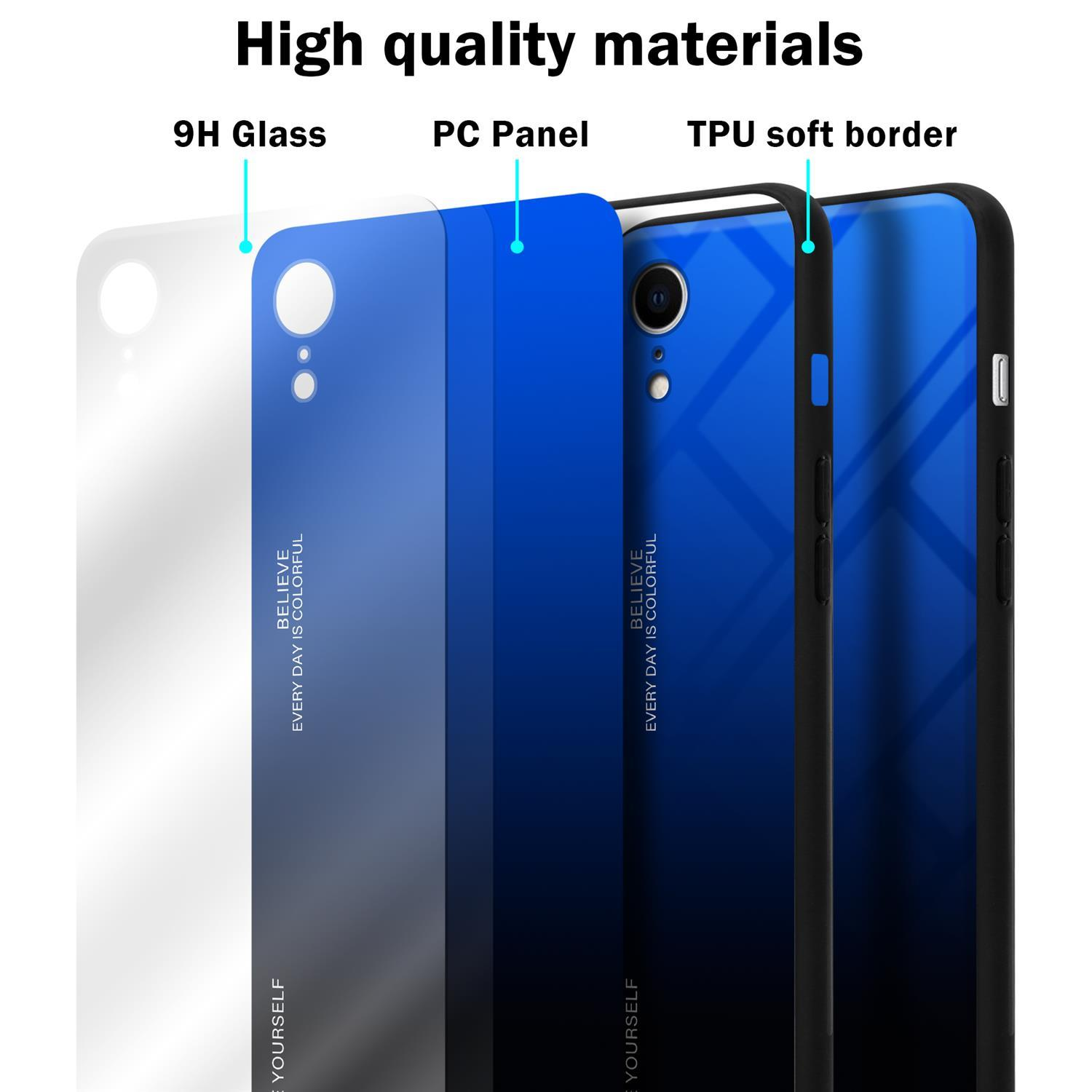Strati di materiali della custodia del telefono. Testo: Vetro 9H, pannello PC, bordo morbido in TPU, Credi che ogni giorno sia colorato.