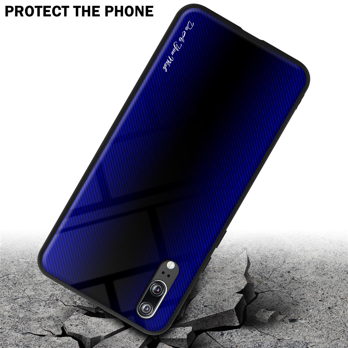 Custodia per telefono con sfumatura blu-nera su superficie screpolata. Testo: Proteggi il telefono, fai quello che vuoi.