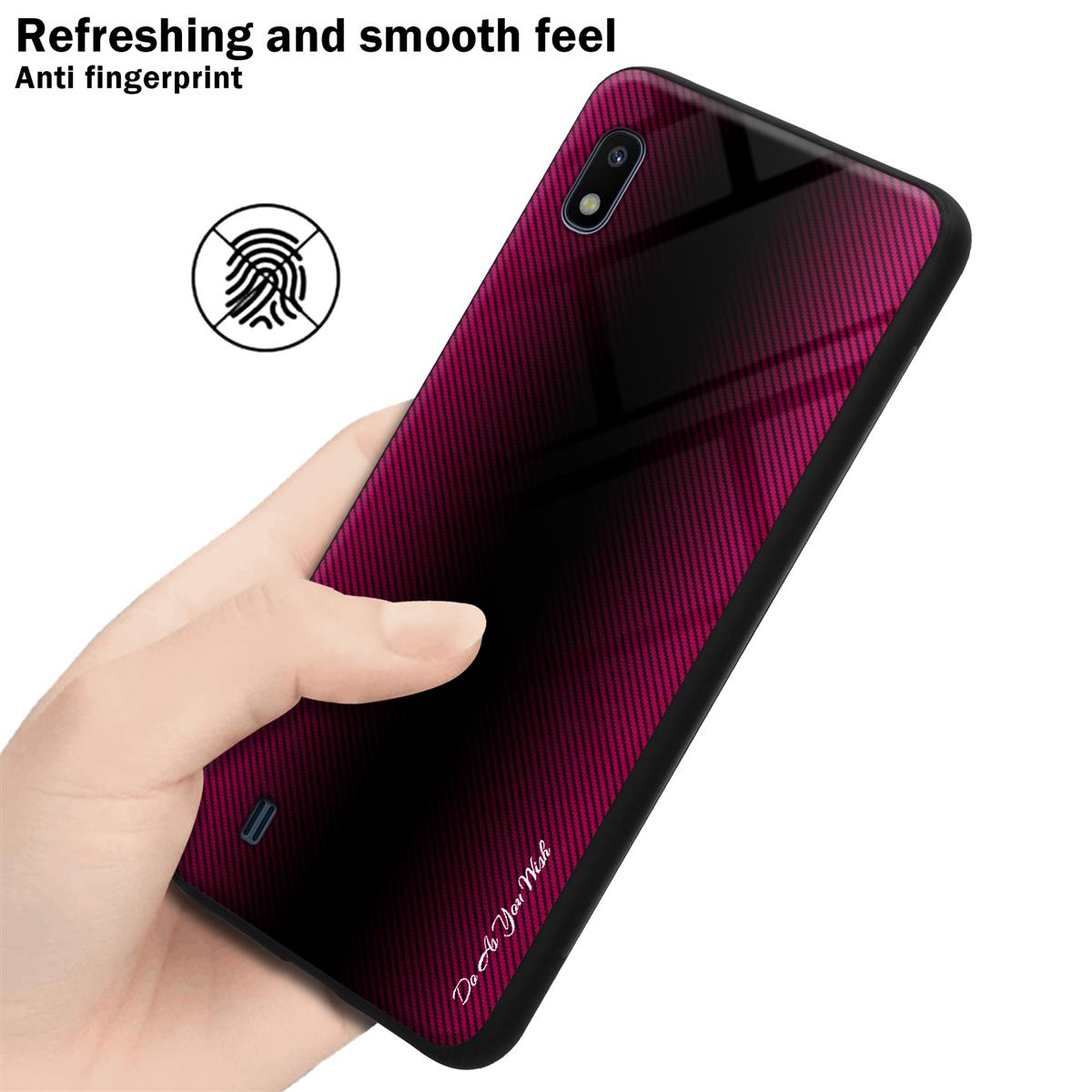 Mano che tiene una custodia per telefono con design rosso e nero, icona dell'impronta digitale e testo.