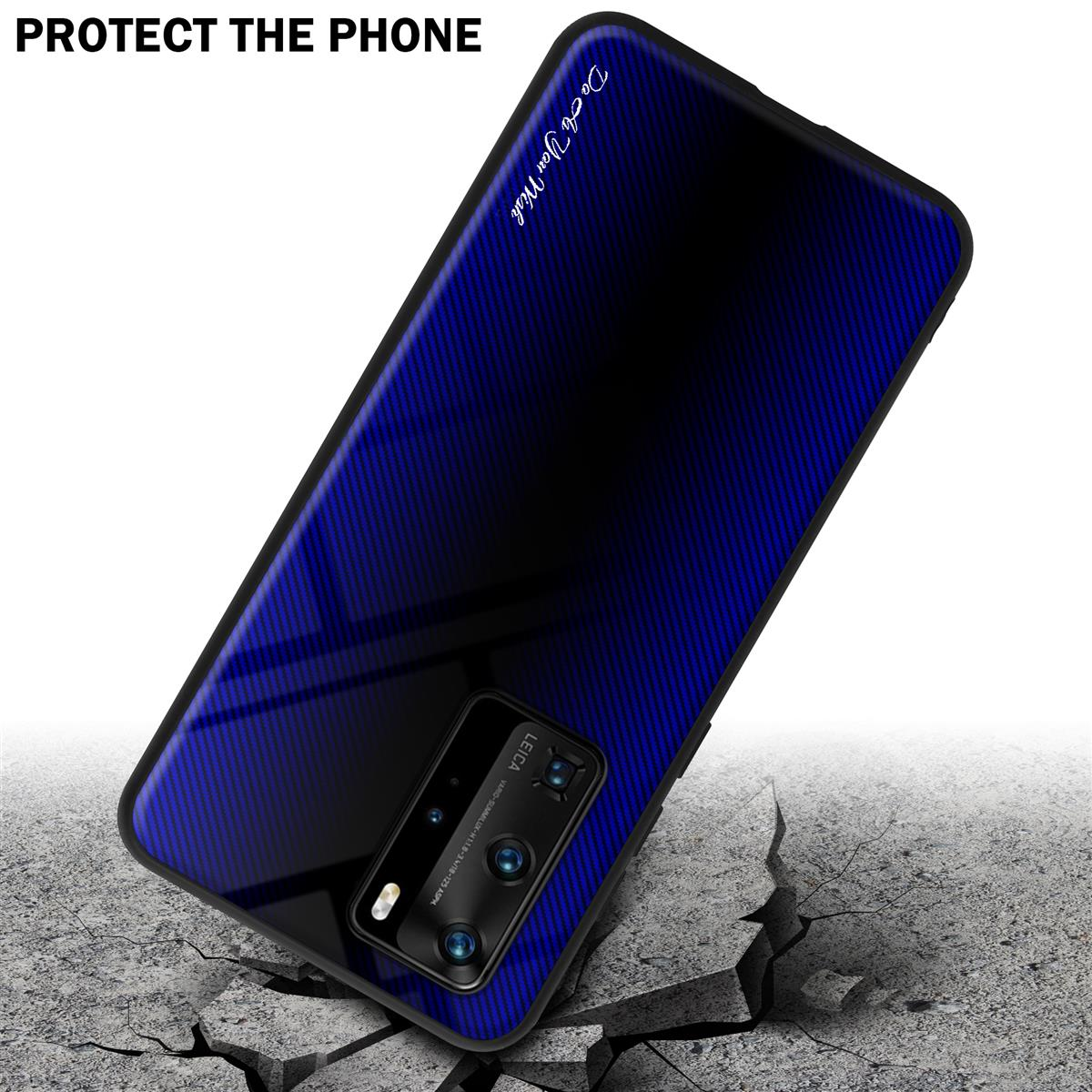 Telefono con custodia che cade, con una crepa sotto. La custodia ha una sfumatura blu e nera.