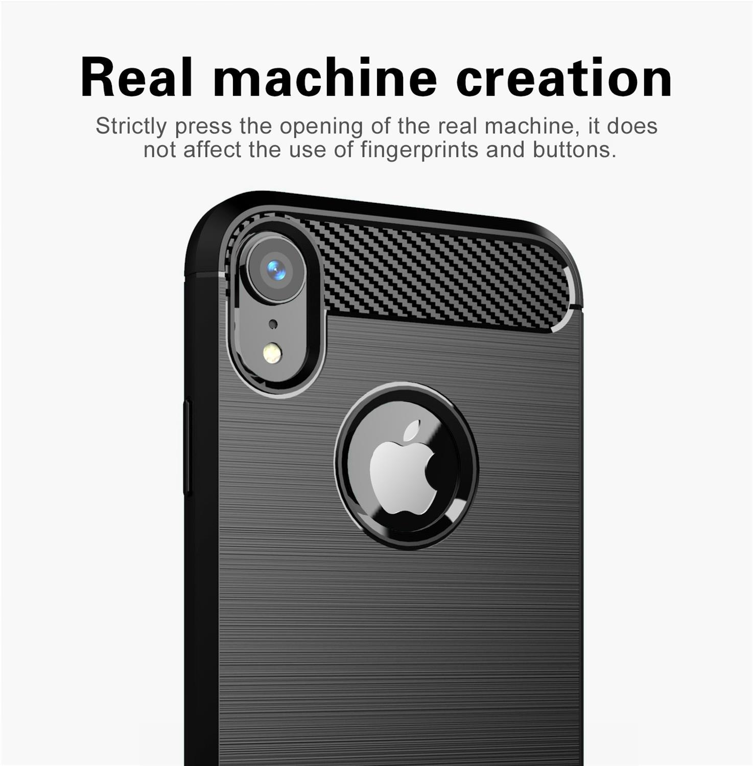 Custodia nera per telefono con un design strutturato. La custodia ha un ritaglio per la fotocamera e il logo Apple.