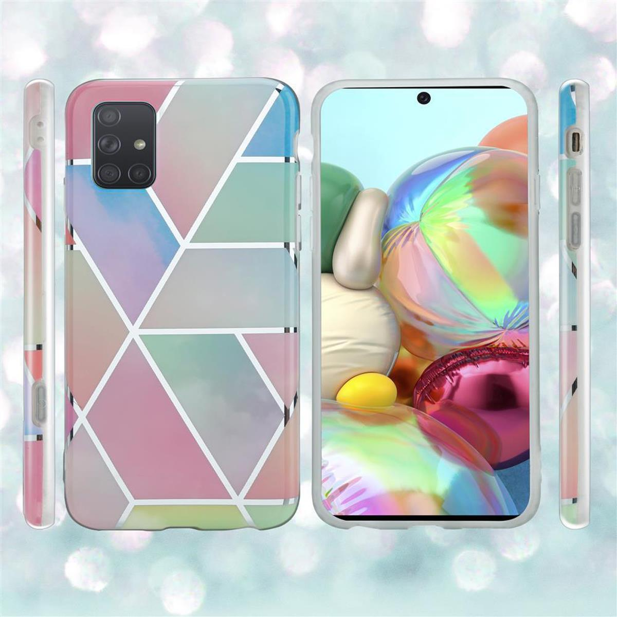 Una custodia per telefono con un design geometrico colorato. Il telefono mostra uno schermo colorato.