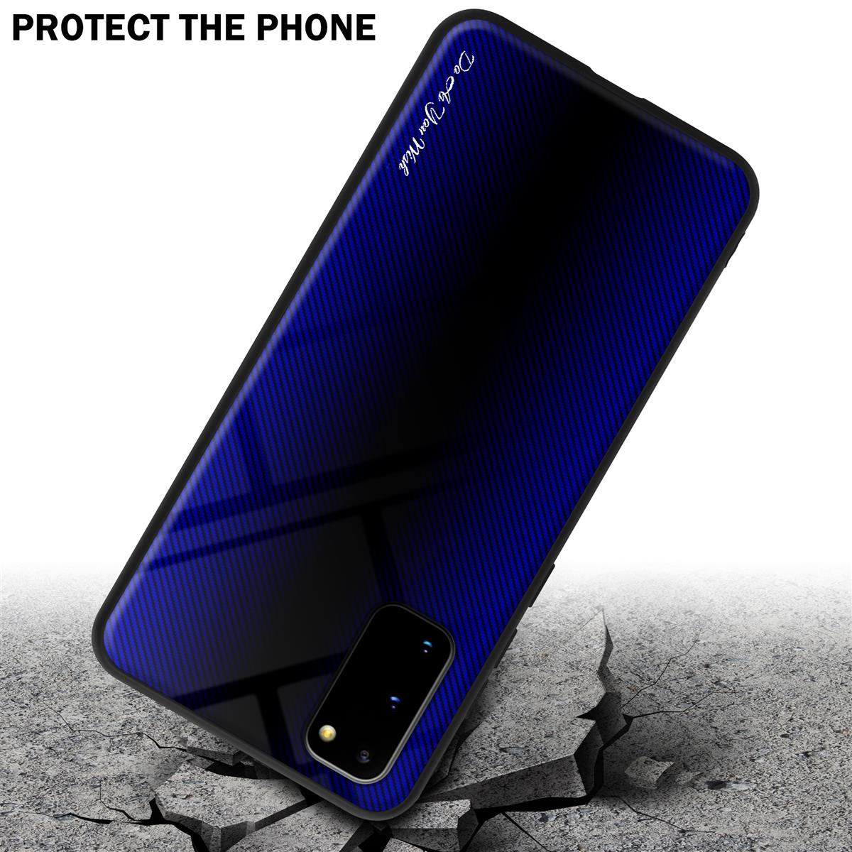 Blau verlaufende Handyhülle auf rissigem Boden, schützt das Telefon.