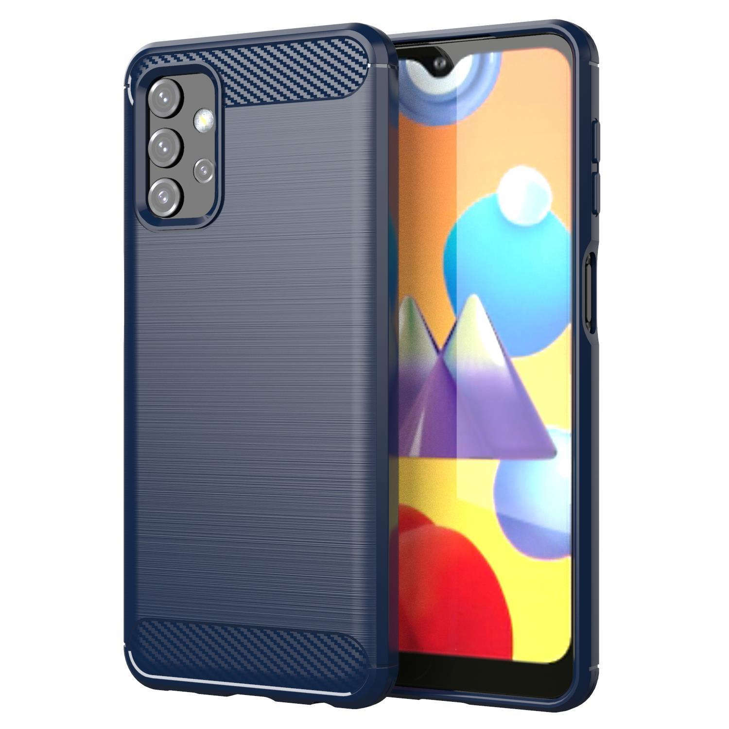Custodia blu navy con retro strutturato e schermo del telefono visibile. Un'altra custodia vicina.
