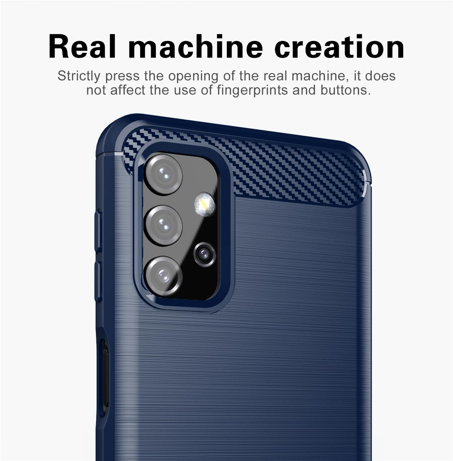 Una custodia per telefono blu con la parte superiore strutturata blu scuro. La custodia copre la fotocamera di un telefono.