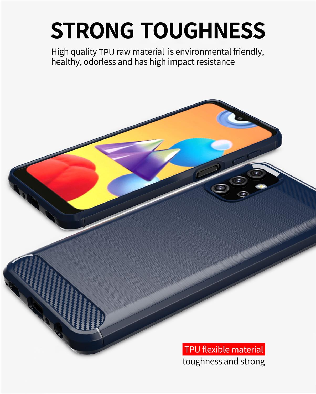 Custodie per telefono blu scuro. La custodia superiore mostra un design blu, viola e bianco. L'inferiore è strutturata.