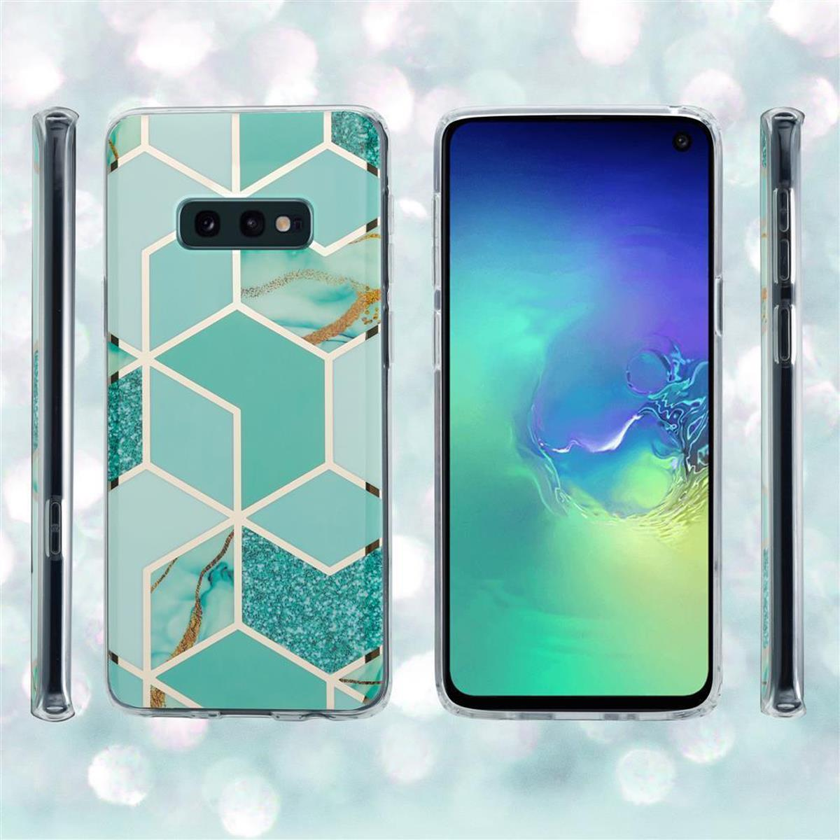 Due telefoni, uno con una custodia geometrica turchese, l'altro con uno schermo. La custodia ha un design dorato.