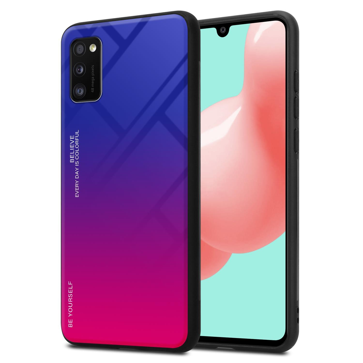 Smartphone mit einem blau-rosa Farbverlauf-Gehäuse. Das Telefon hat einen schwarzen Rahmen. Der Bildschirm zeigt einen pinkfarbenen Hintergrund.