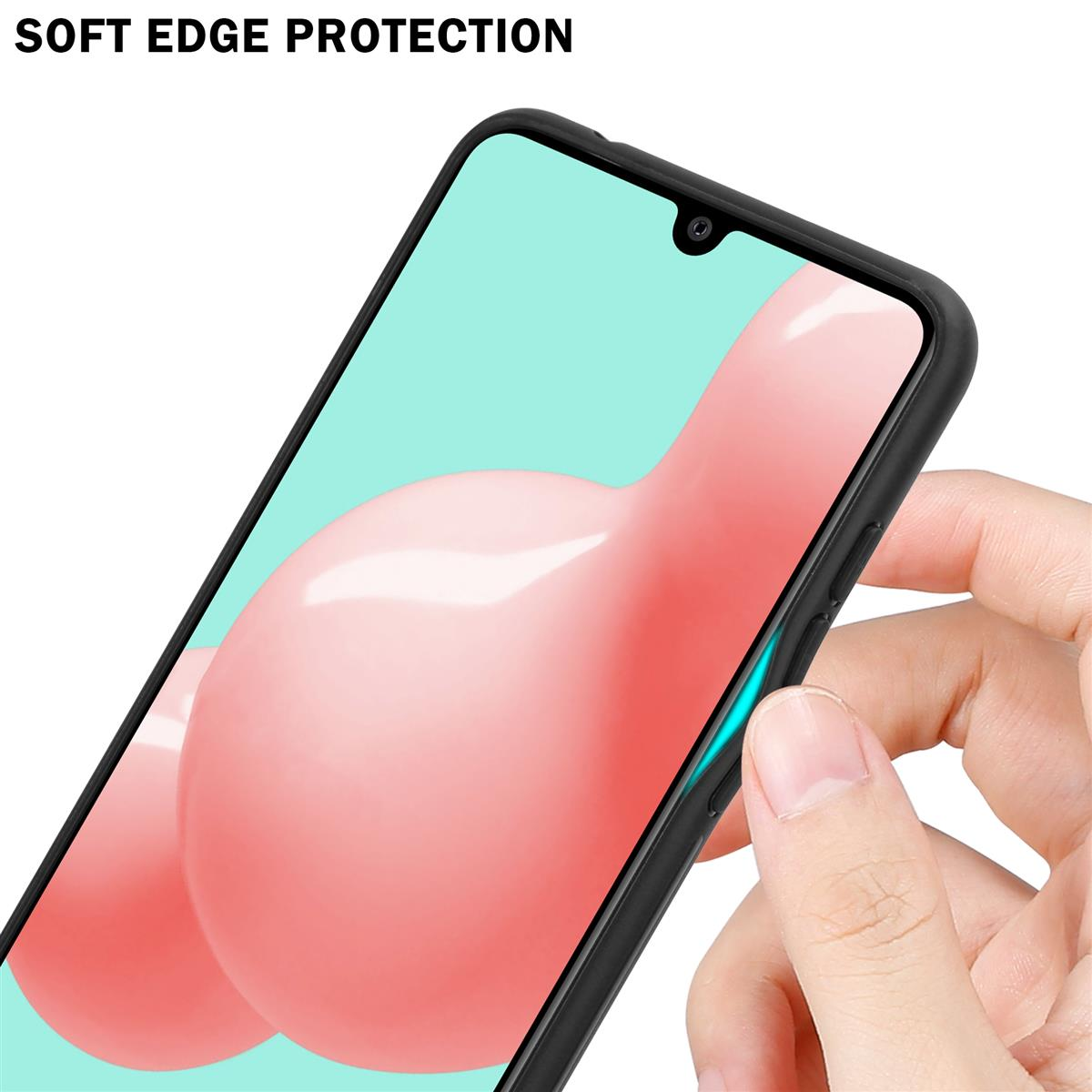 Nahaufnahme eines Telefonbildschirms in einem schwarzen Gehäuse. Eine Hand hält das Gehäuse.