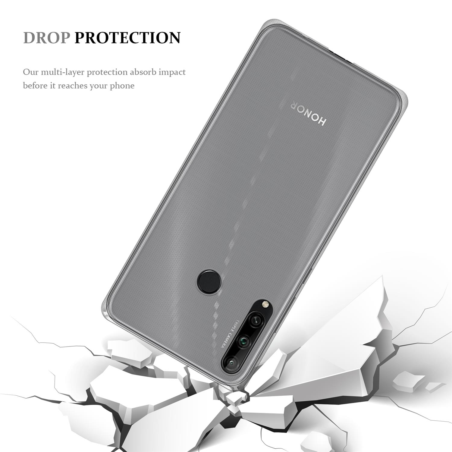 Eine transparente Handyhülle auf einer zerbrochenen Oberfläche. Die Hülle bedeckt ein graues Telefon.