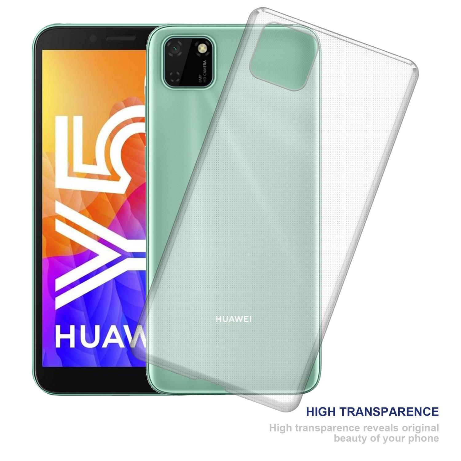 Telefon und transparente Hülle. Ein Telefon ist links, die Hülle zeigt die Rückseite.