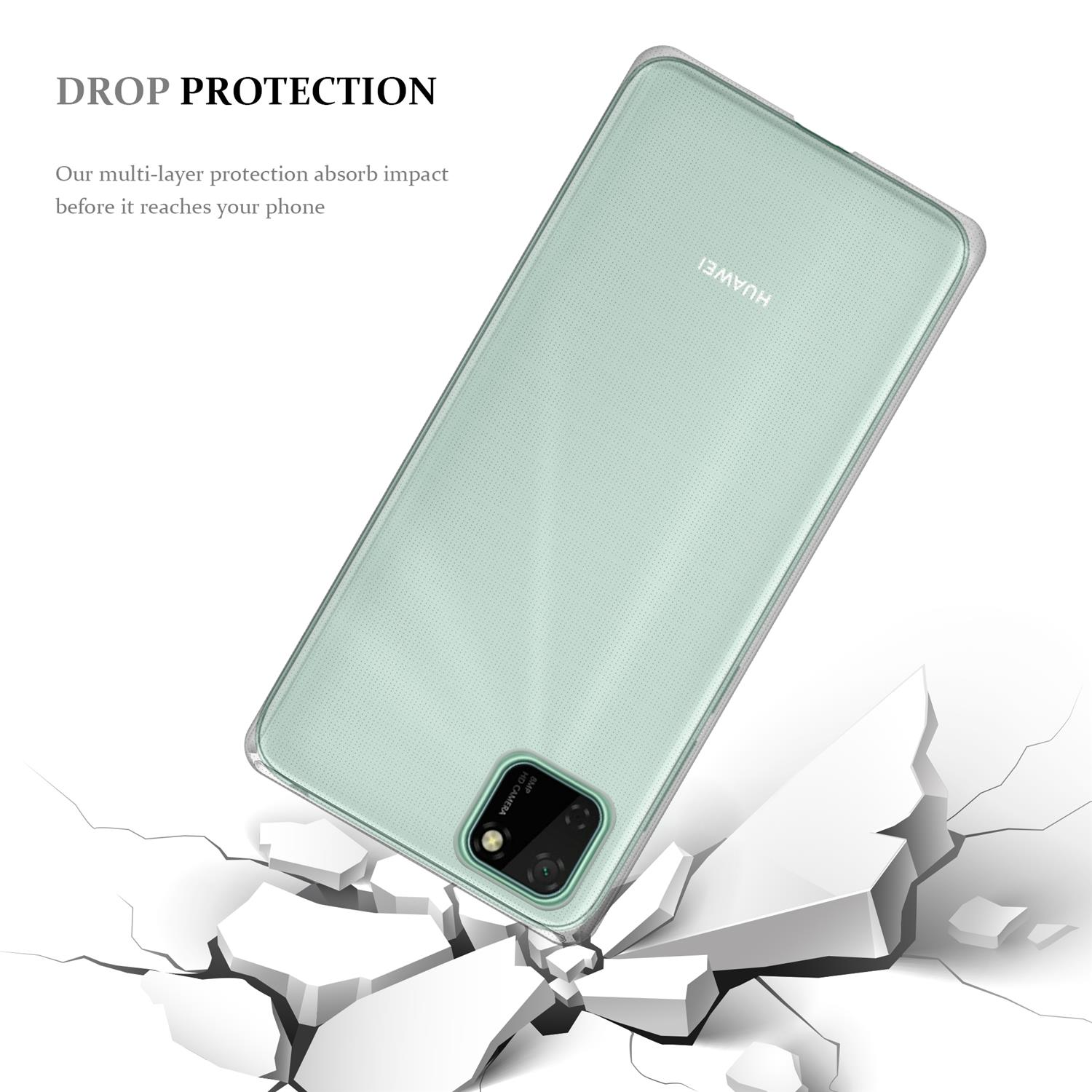 Eine Handyhülle liegt auf einem grünen Telefon. Es wird über einer zerbrochenen Oberfläche gezeigt. Text: 'Drop Protection'.