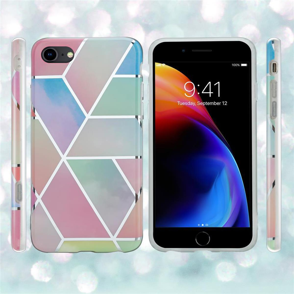 Due telefoni, uno con una custodia con motivo geometrico e l'altro con uno schermo del telefono. Entrambi sono su uno sfondo scintillante.