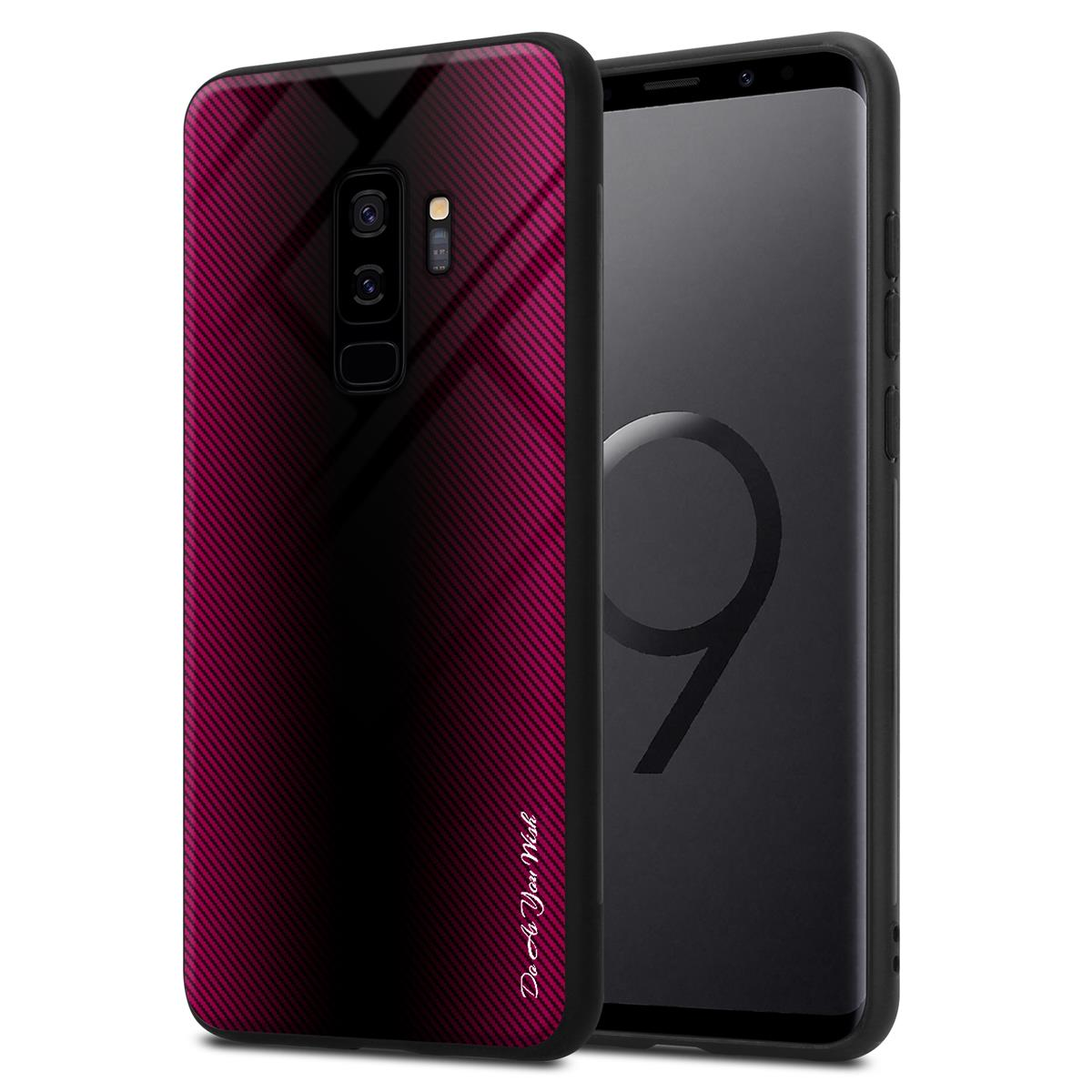 Telefono nero con custodia rossa e nera. La custodia ha un motivo strutturato. Lo schermo è nero.