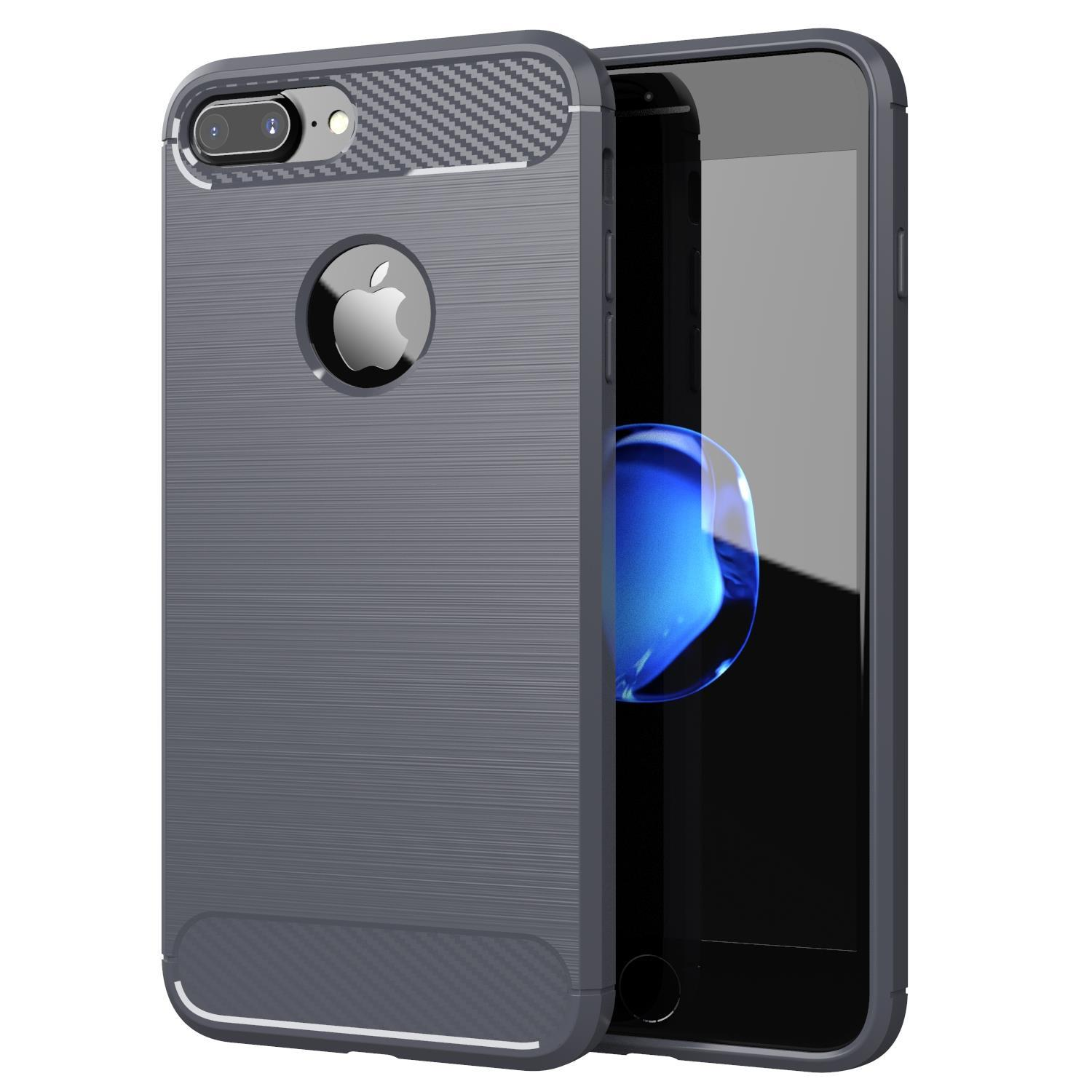 Telefono grigio con una custodia grigia simile alla fibra di carbonio. Logo Apple visibile.