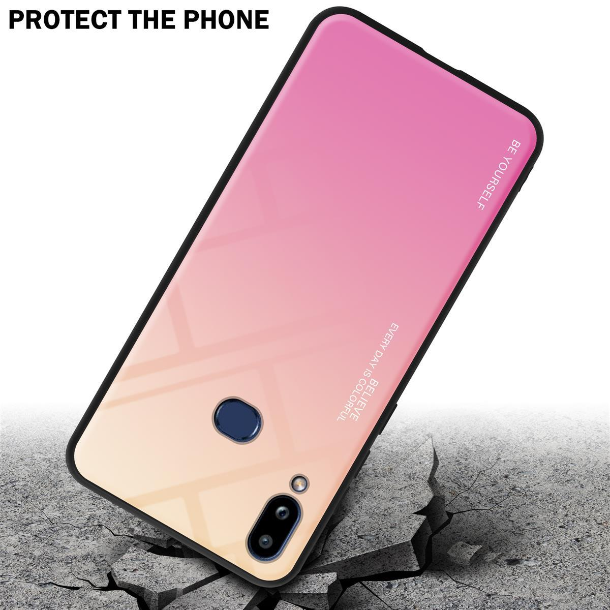 Custodia per telefono con design sfumato su superficie incrinata. Il telefono è sulla custodia.