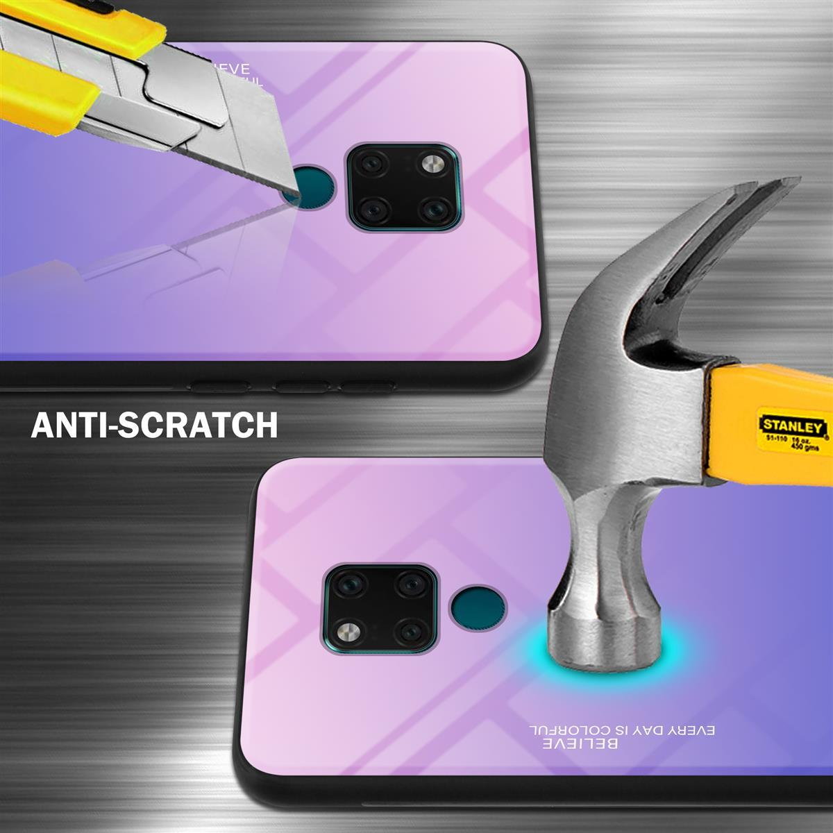 Custodie per telefono testate con un coltello e un martello. Testo: Antigraffio.