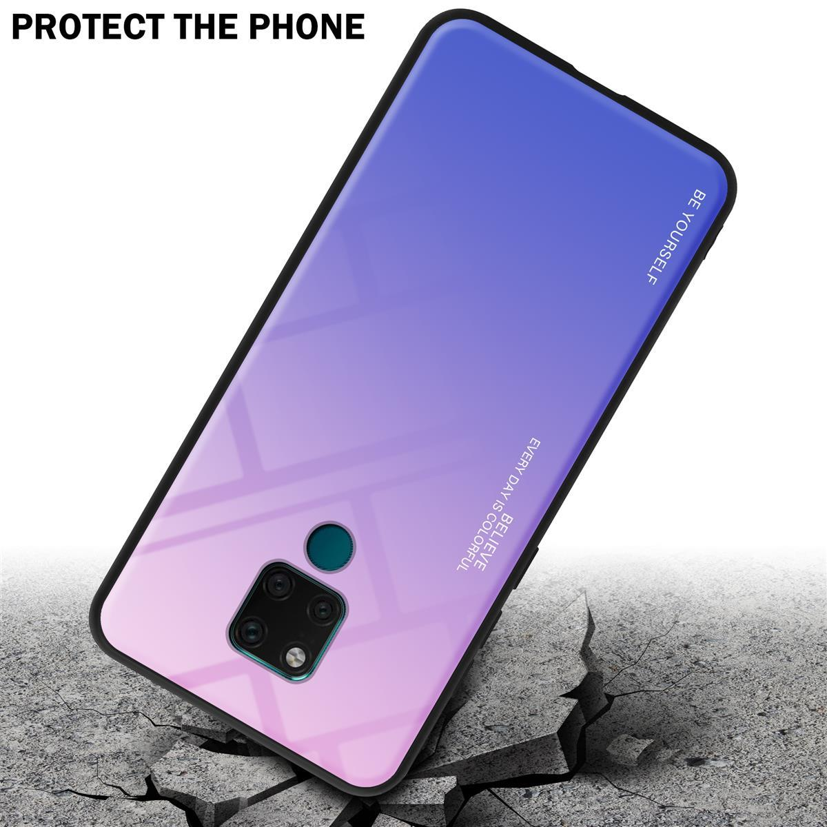Un telefono in una custodia con una sfumatura blu-viola. La custodia sta cadendo. Testo: Proteggi il telefono.