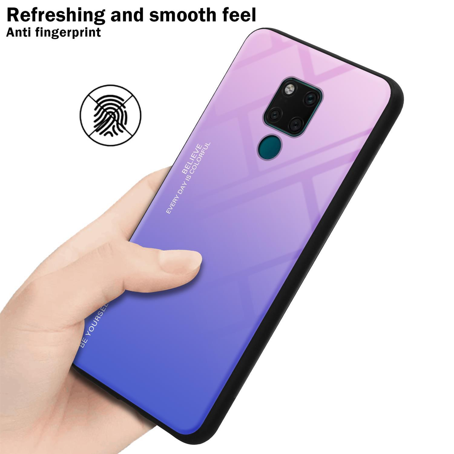 Mano che tiene un telefono con una custodia sfumata viola-blu. Simbolo dell'impronta digitale in alto a sinistra.