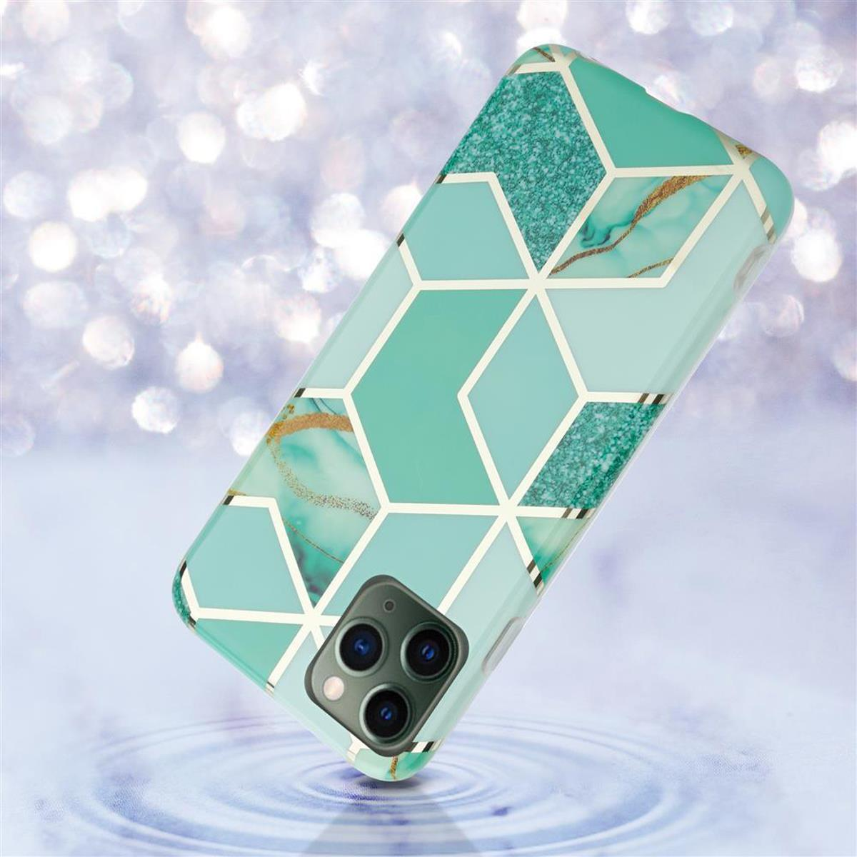 Custodia per telefono con un design geometrico. La custodia è verde acqua, con uno sfondo simile all'acqua.