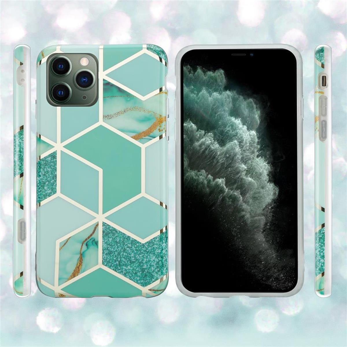 Vista laterale delle custodie per telefoni. Il telefono è in una custodia con un design geometrico verde e oro. Sfondo bianco.
