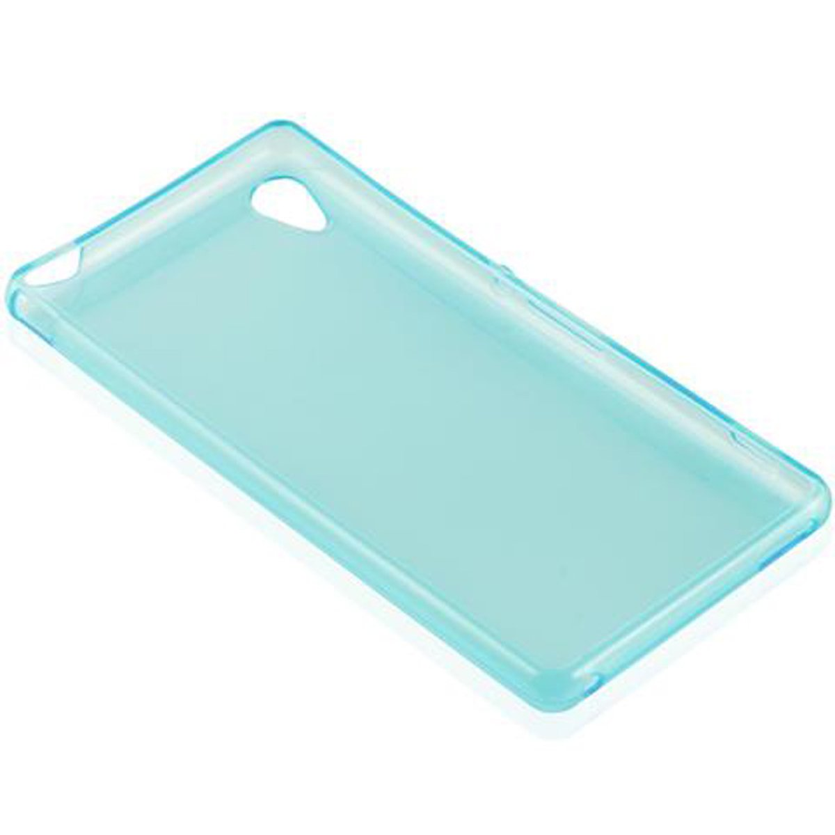 Eine durchsichtige, hellblaue Handyhülle von einem Winkel aus gesehen, die die Form des Telefons zeigt.