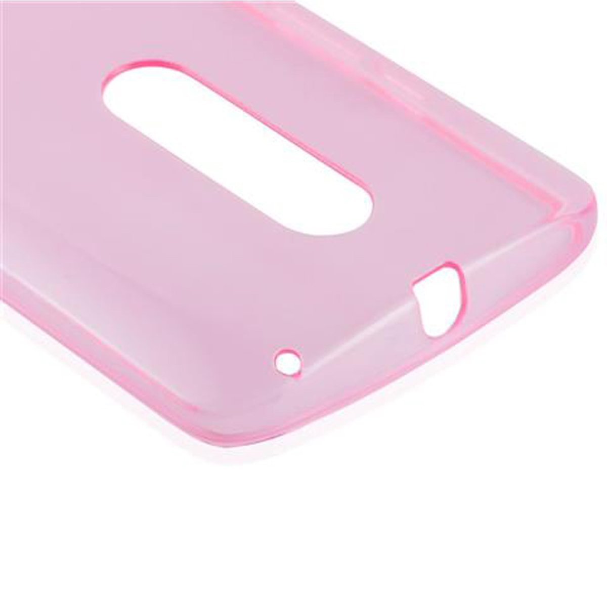 Una custodia per telefono rosa con ritagli per la fotocamera e le porte.