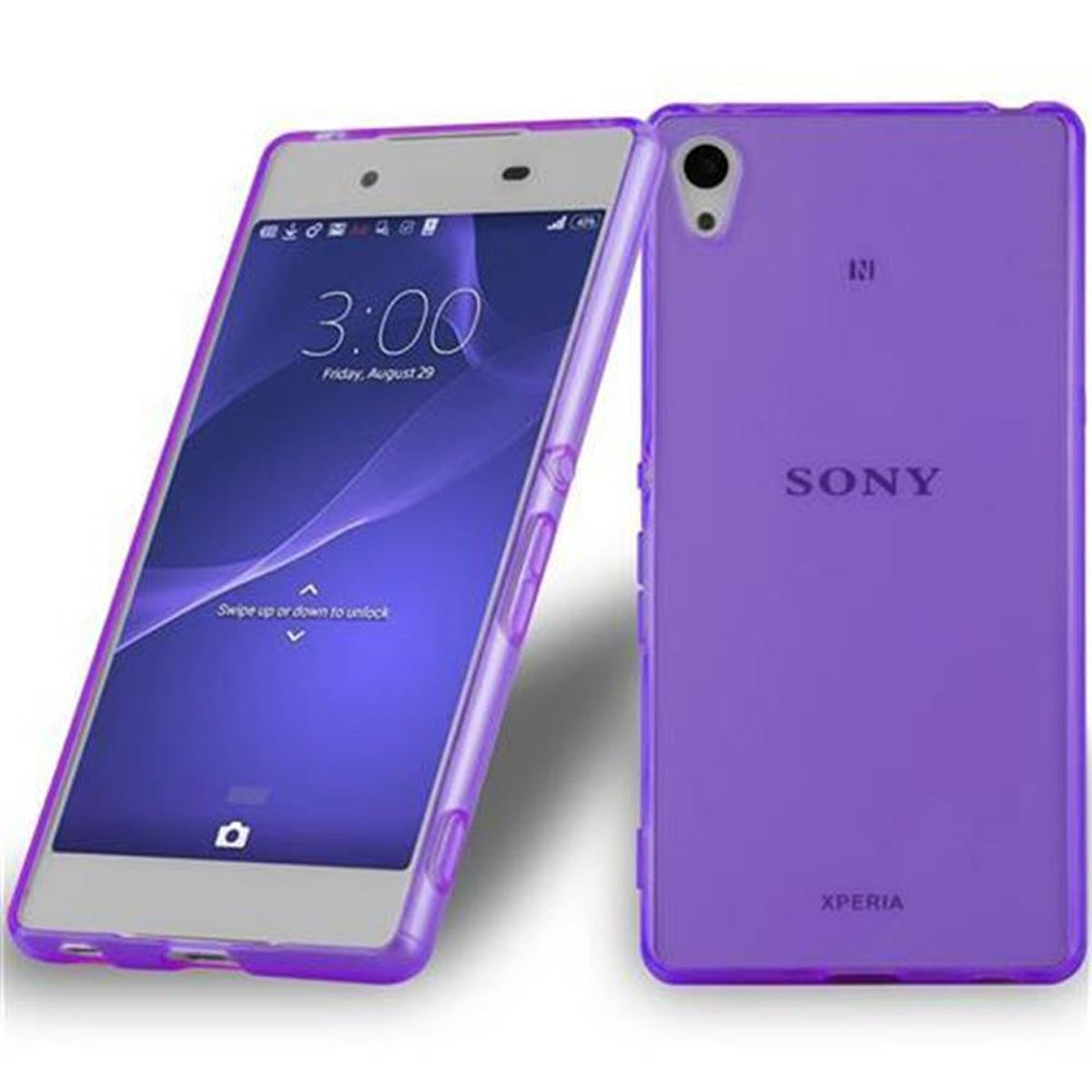 Un telefono e custodia Sony Xperia viola. Il telefono è nella custodia. L'ora è 3:00.