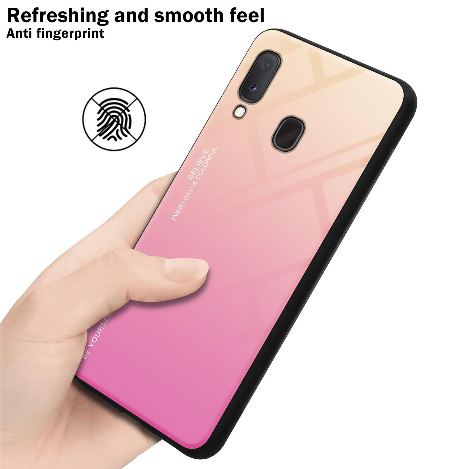 Hand hält Telefon mit pink-gelbem Farbverlauf. Text: Erfrischend und glatt. Anti-Fingerabdruck.