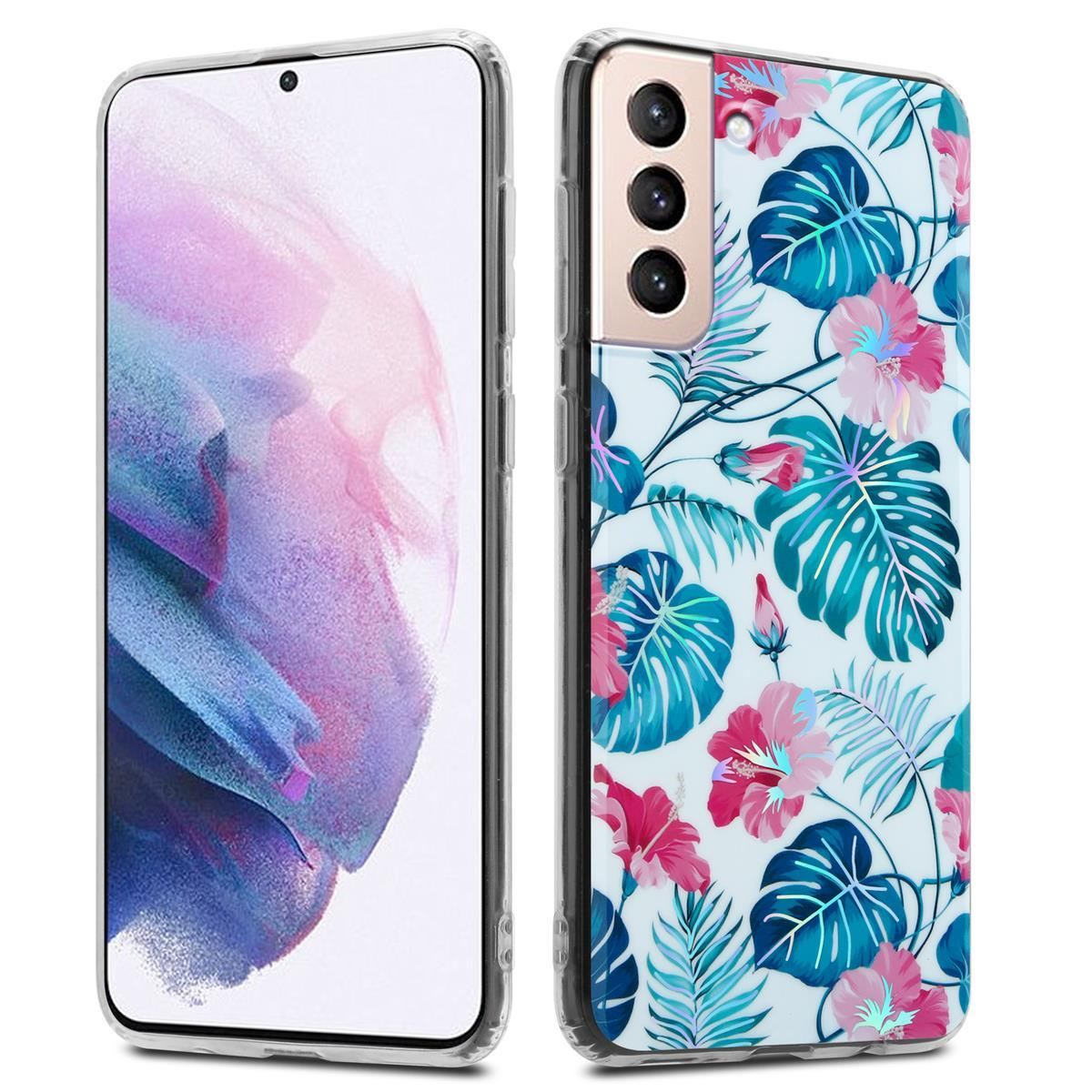 Due telefoni, uno con una custodia trasparente e l'altro con una custodia dal design floreale.