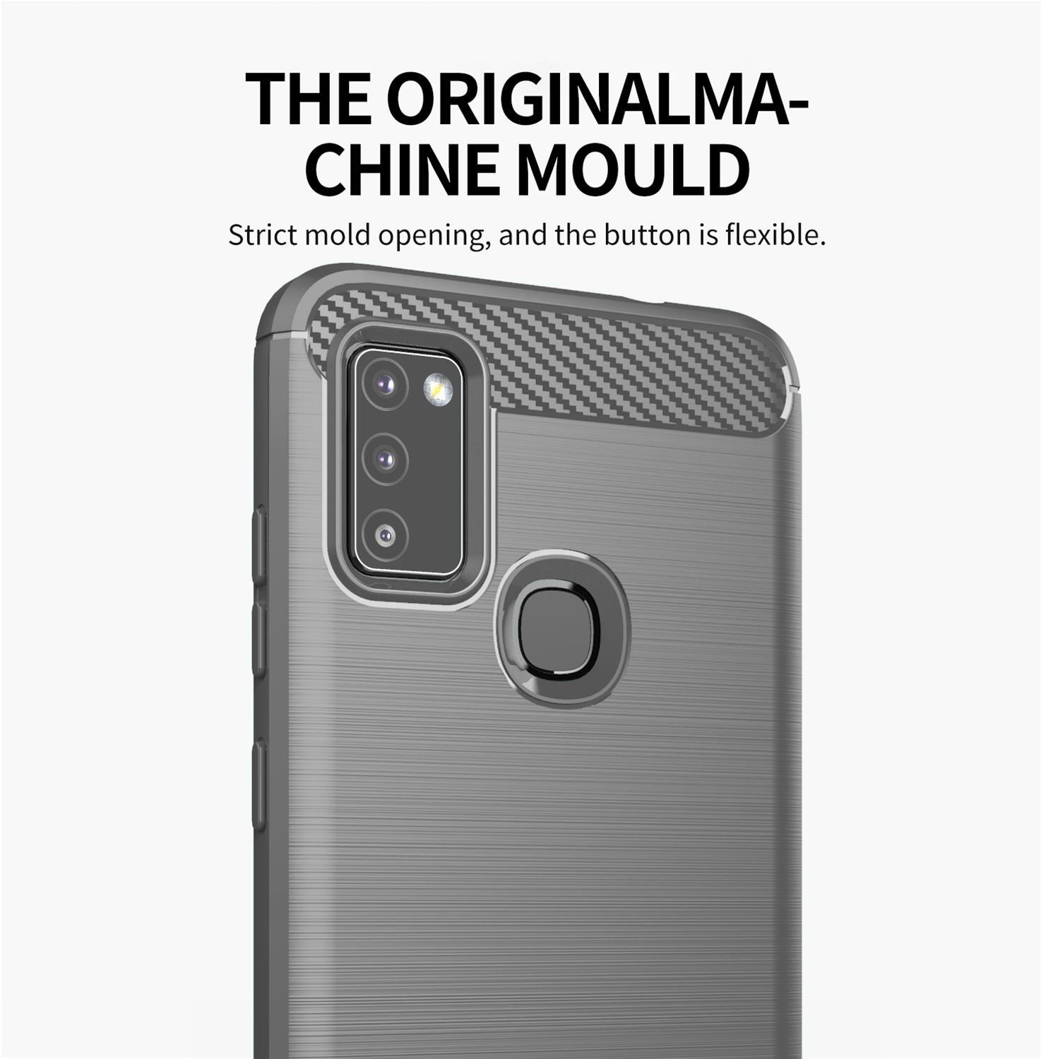 Custodia grigia con superficie strutturata, che mostra la fotocamera. Design semplice.