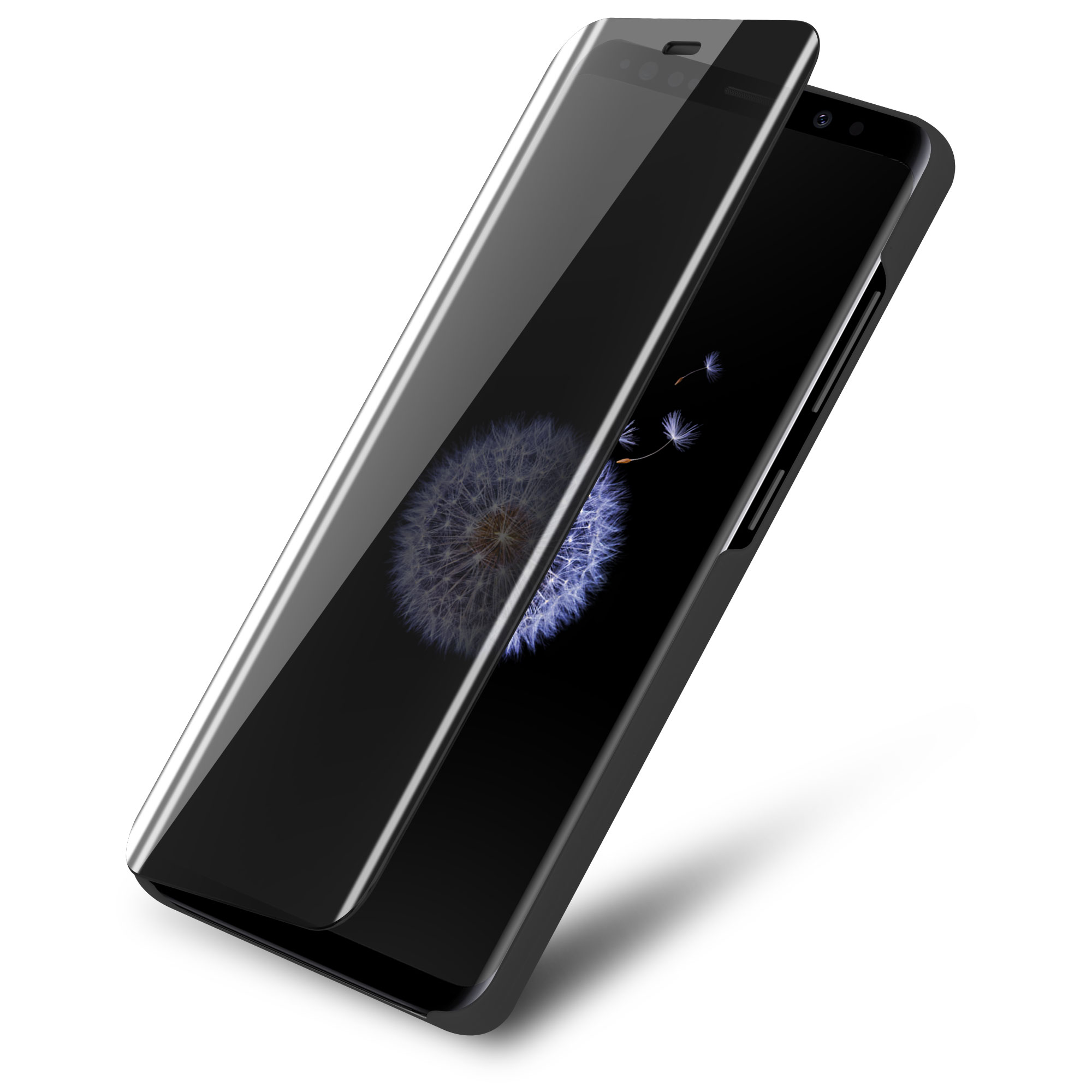 Telefono nero in custodia nera. La protezione dello schermo è sul telefono.