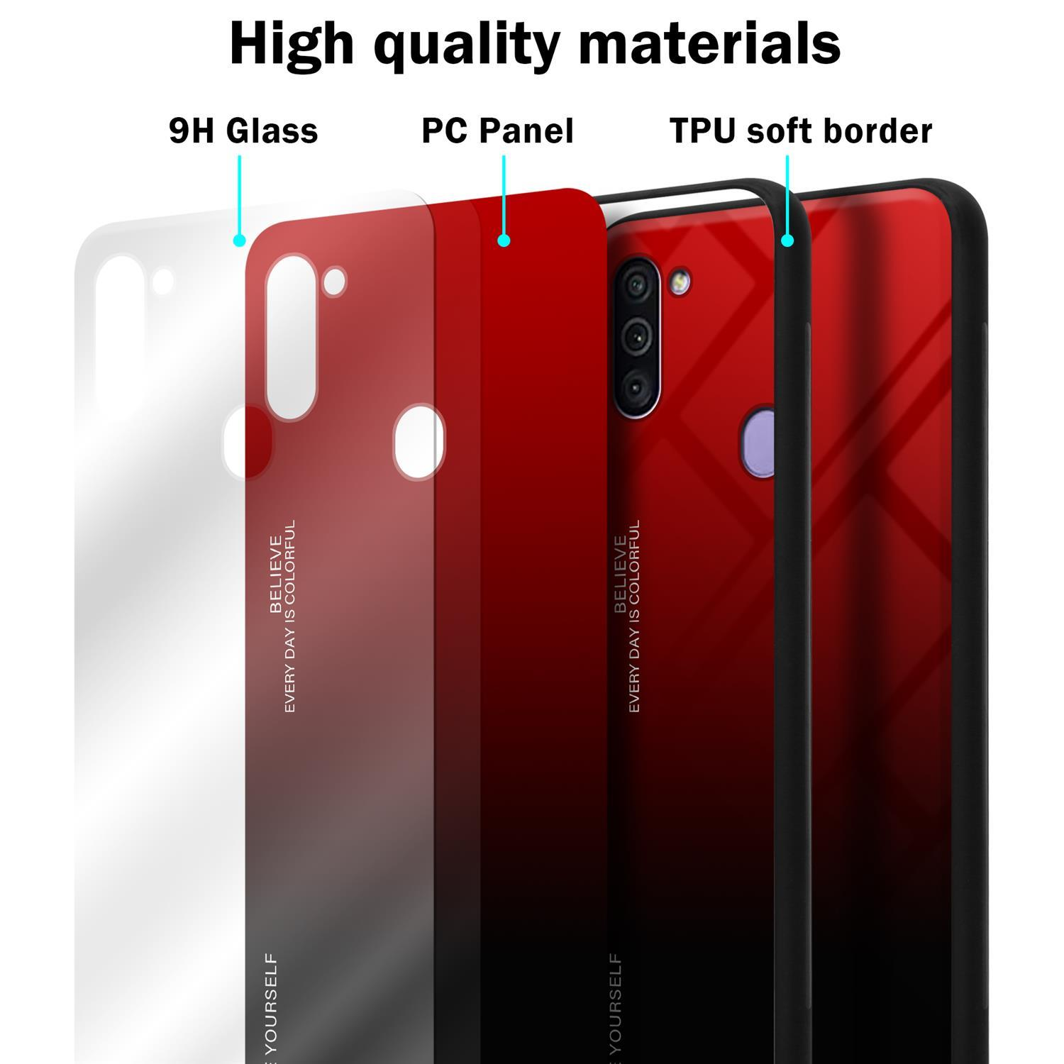 Strati della custodia del telefono: vetro 9H, pannello PC e un bordo morbido in TPU. Design rosso e nero.
