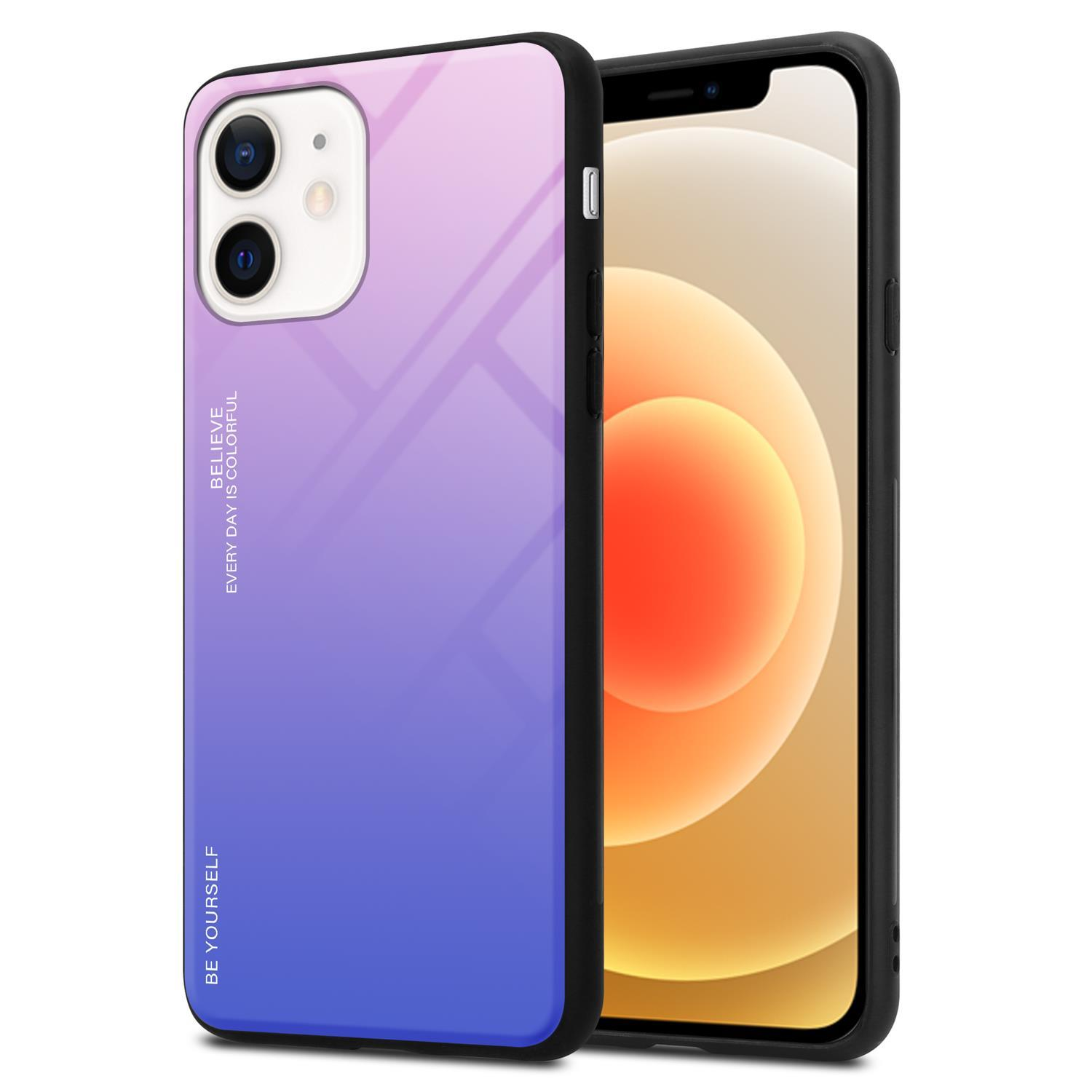 Lila-blaues Farbverlauf-Telefongehäuse mit Telefon. Gehäuse sagt 'Believe Every Day Is Colorful' und 'Be Yourself'.