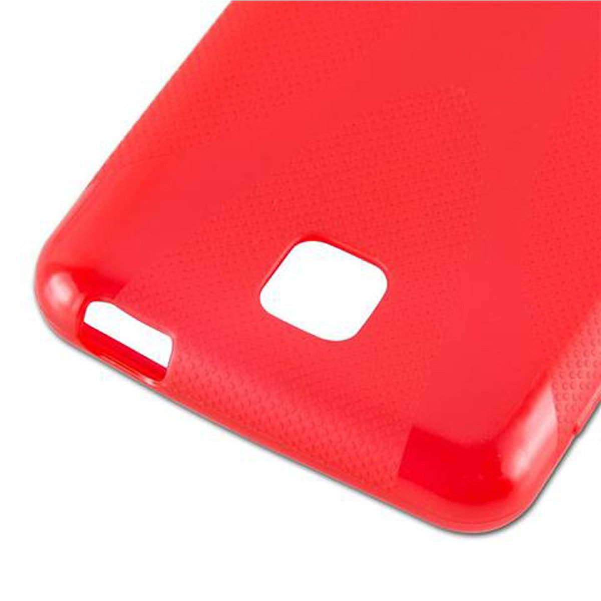 Custodia rossa per telefono con fori per fotocamera e pulsanti. Primo piano.