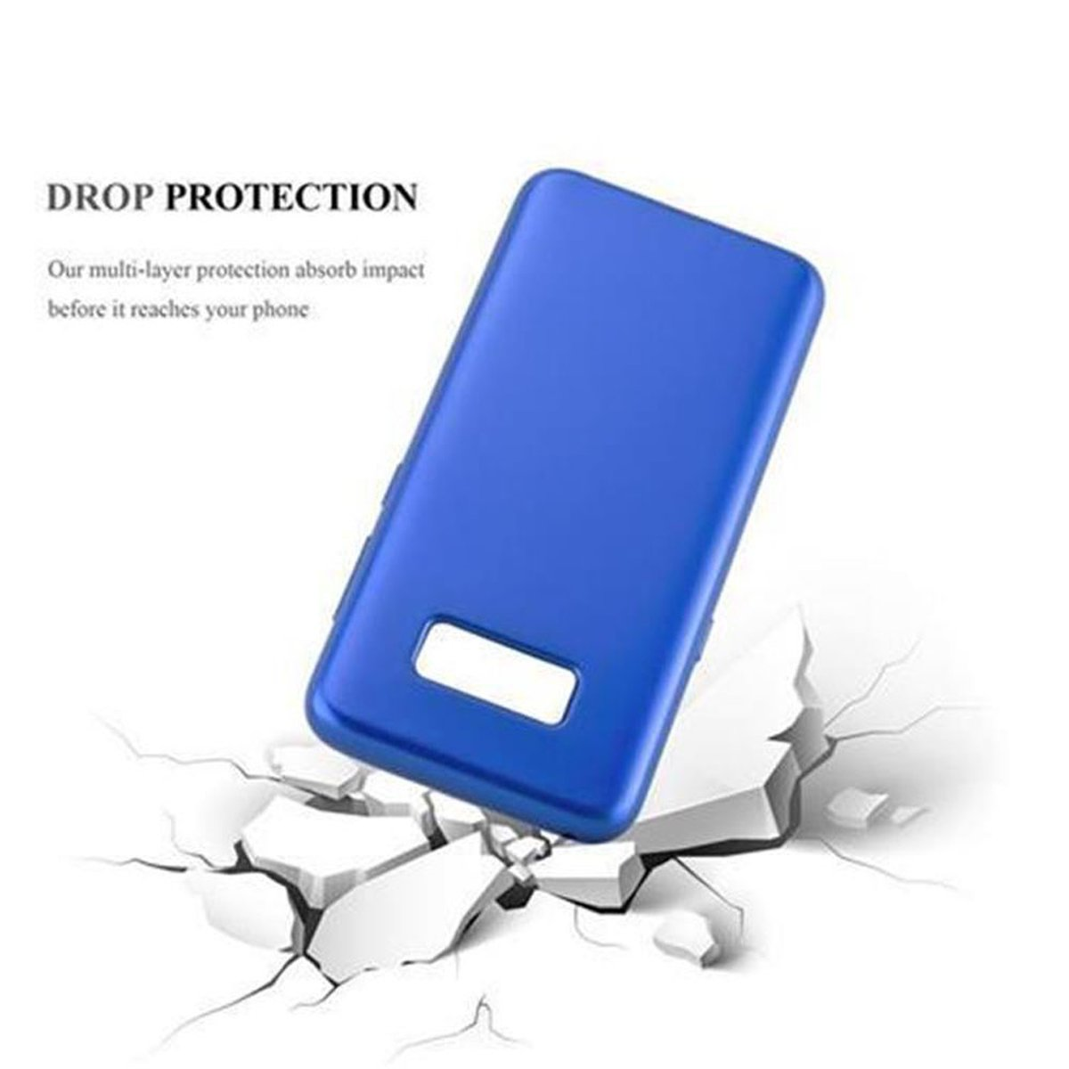 Custodia blu per telefono su sfondo bianco, con effetto pavimento crepato.