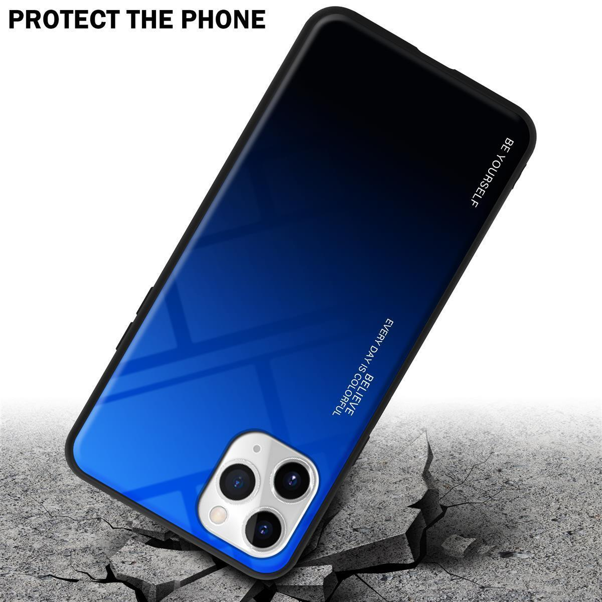 Handyhülle mit blauem Farbverlauf auf rissiger Oberfläche. Text lautet "PROTECT THE PHONE" und ein Slogan.