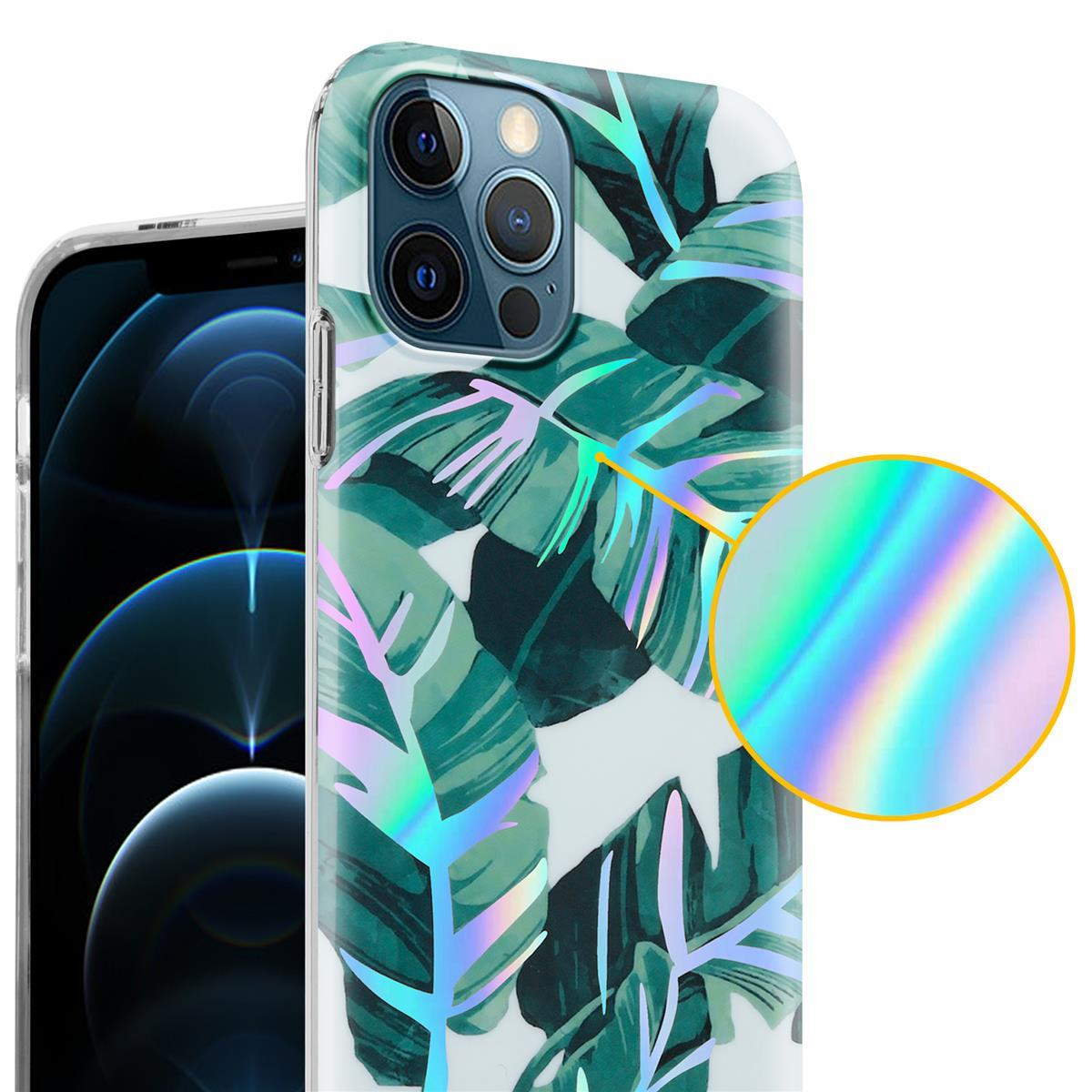 Custodia per telefono con design a foglie verdi, evidenziatore circolare effetto arcobaleno.