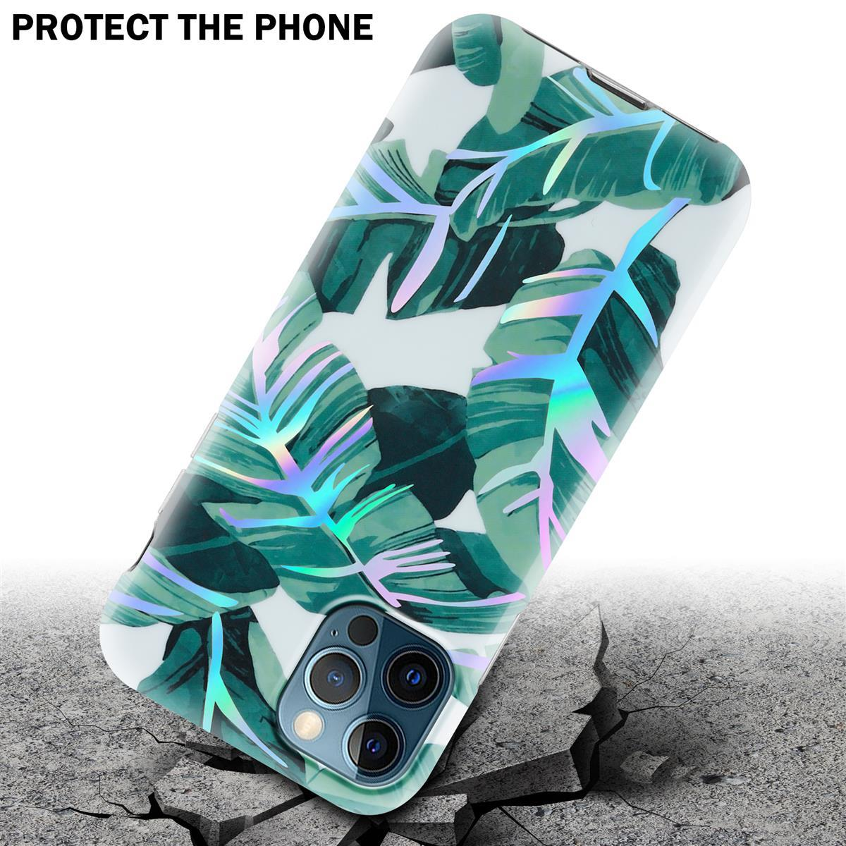 Custodia per telefono con un design a foglie verdi. La custodia è a terra, sopra cemento rotto.