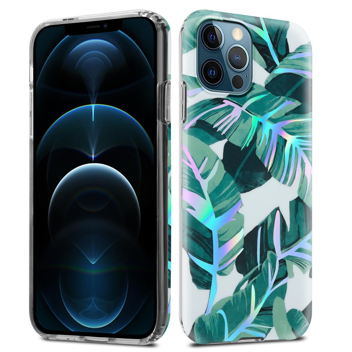 Custodia per telefono con motivo a foglie tropicali. Il telefono è nella custodia e a terra.