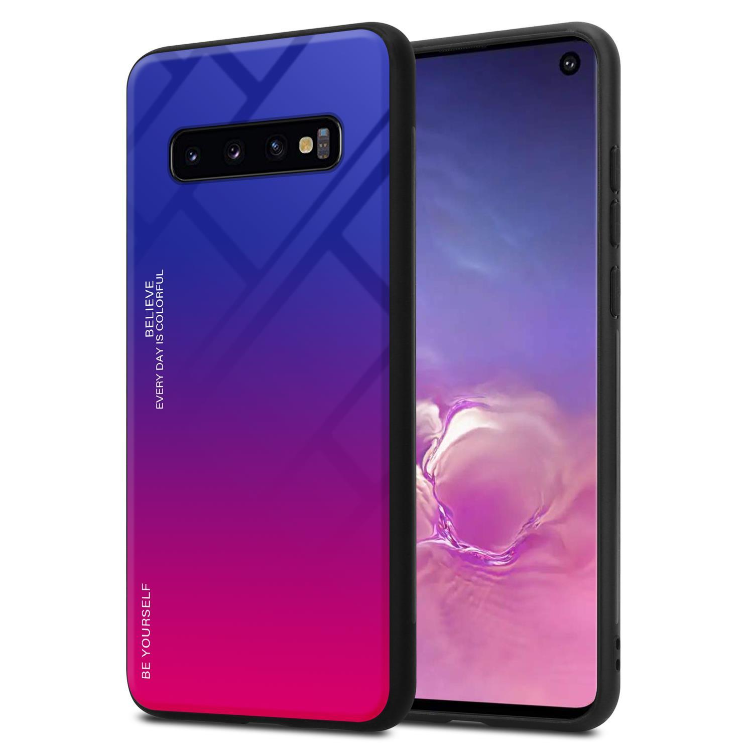 Una custodia sfumata con sfumature dal blu al viola, che copre un telefono nero. La custodia recita 'BELIEVE EVERY DAY IS COLORFUL'.