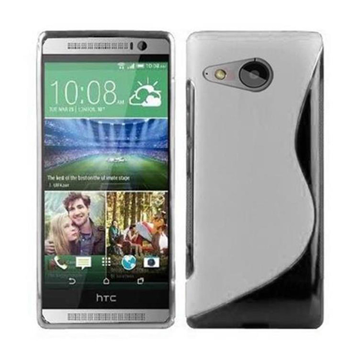 Un téléphone avec une coque blanche et un écran affichant un écran d'accueil avec des images.
