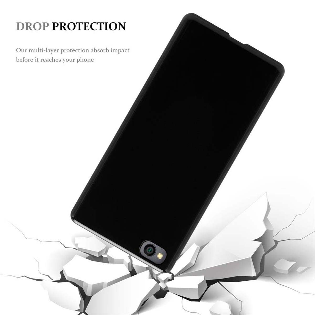 Una custodia per telefono nera appoggiata su cemento bianco frantumato. L'immagine dice 'Drop Protection'.