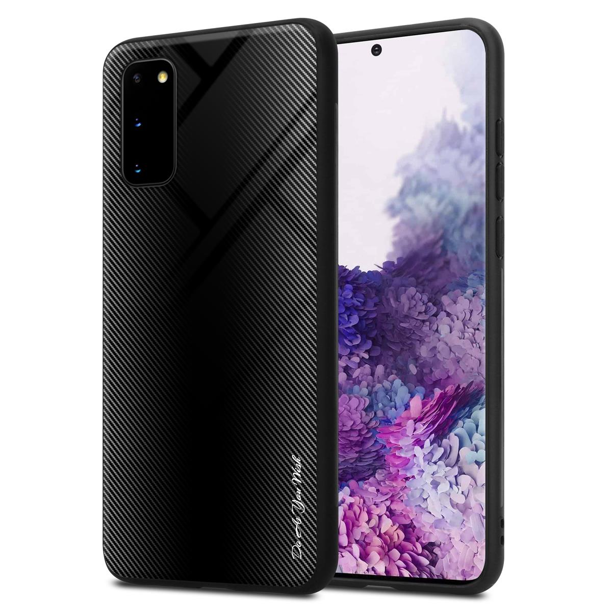 Schwarze Handyhülle mit Karbonfasermuster. Telefon mit farbenfrohem Bildschirm.