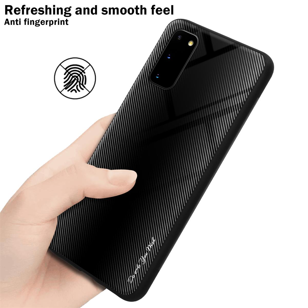Hand hält Telefon mit schwarzer Carbonfaser-Textur. Anti-Fingerabdruck wird erwähnt.