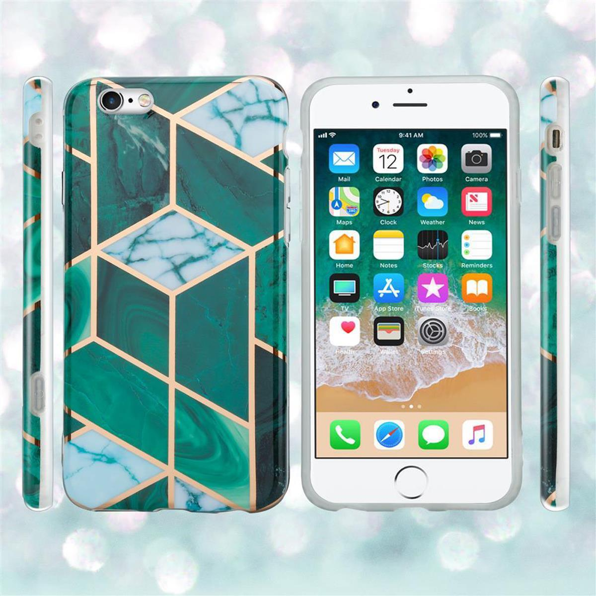 Ein iPhone mit einer grünen und goldenen geometrischen Hülle. Das Telefon befindet sich neben der Hülle und zwei Seitenansichten.