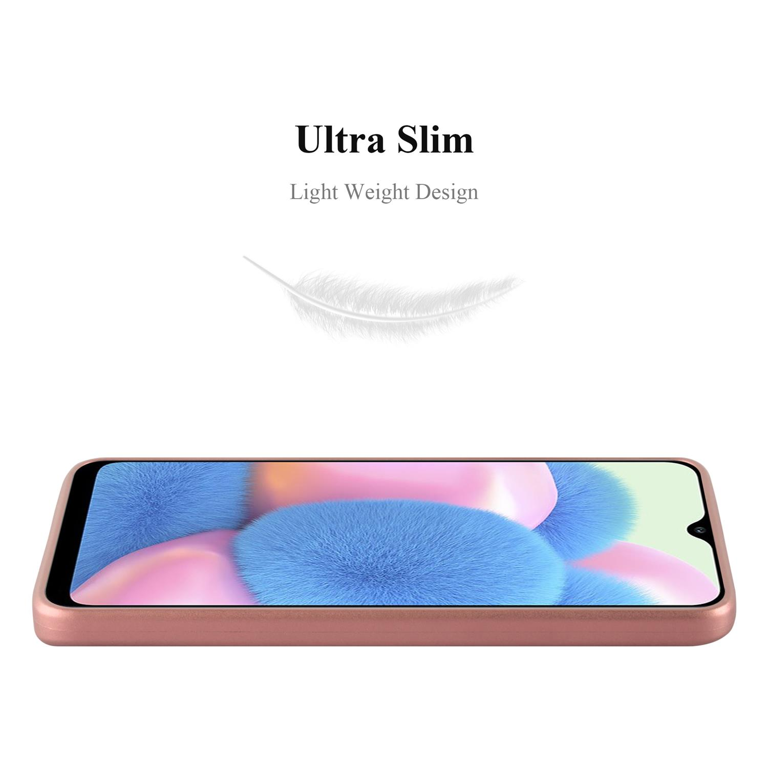 Custodia per telefono con cornice color oro rosa e superficie rosa. Sfondo bianco, grafica a piuma sopra.