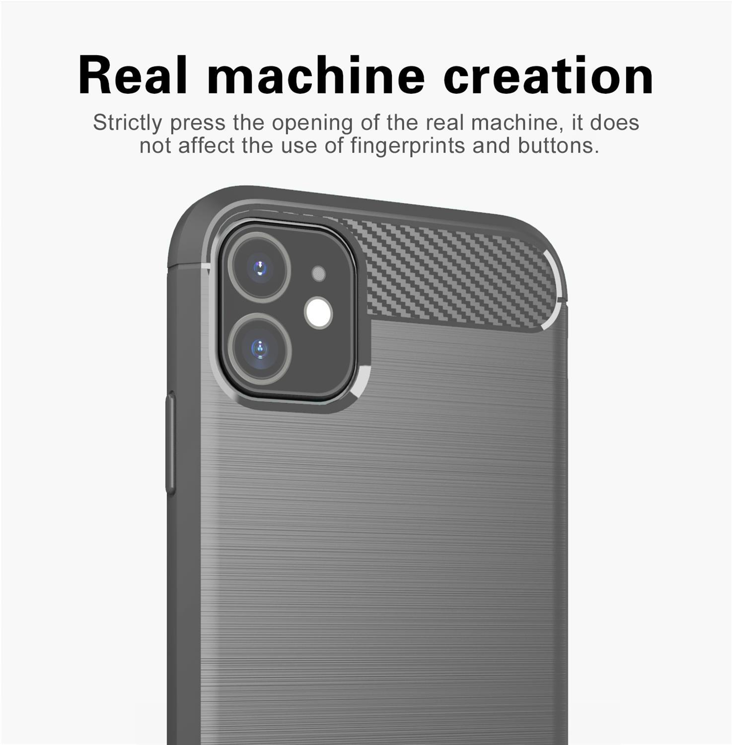 Primo piano di una custodia per telefono. La custodia è grigia e ha un design strutturato.