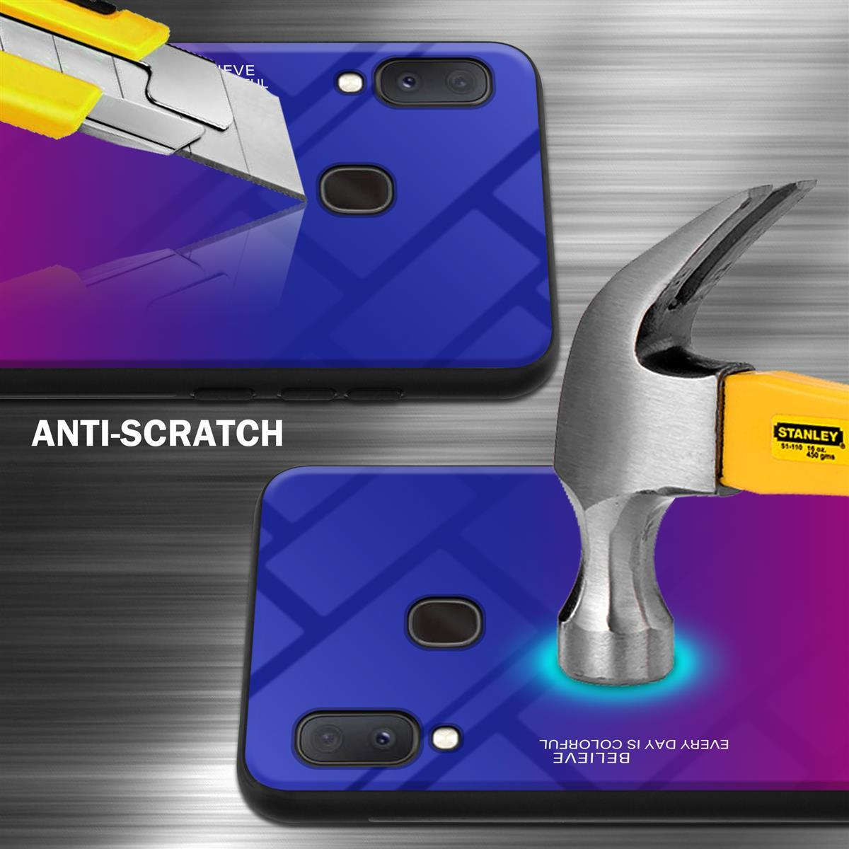 Due telefoni con cover. Uno viene graffiato da un taglierino, l'altro è colpito da un martello.
